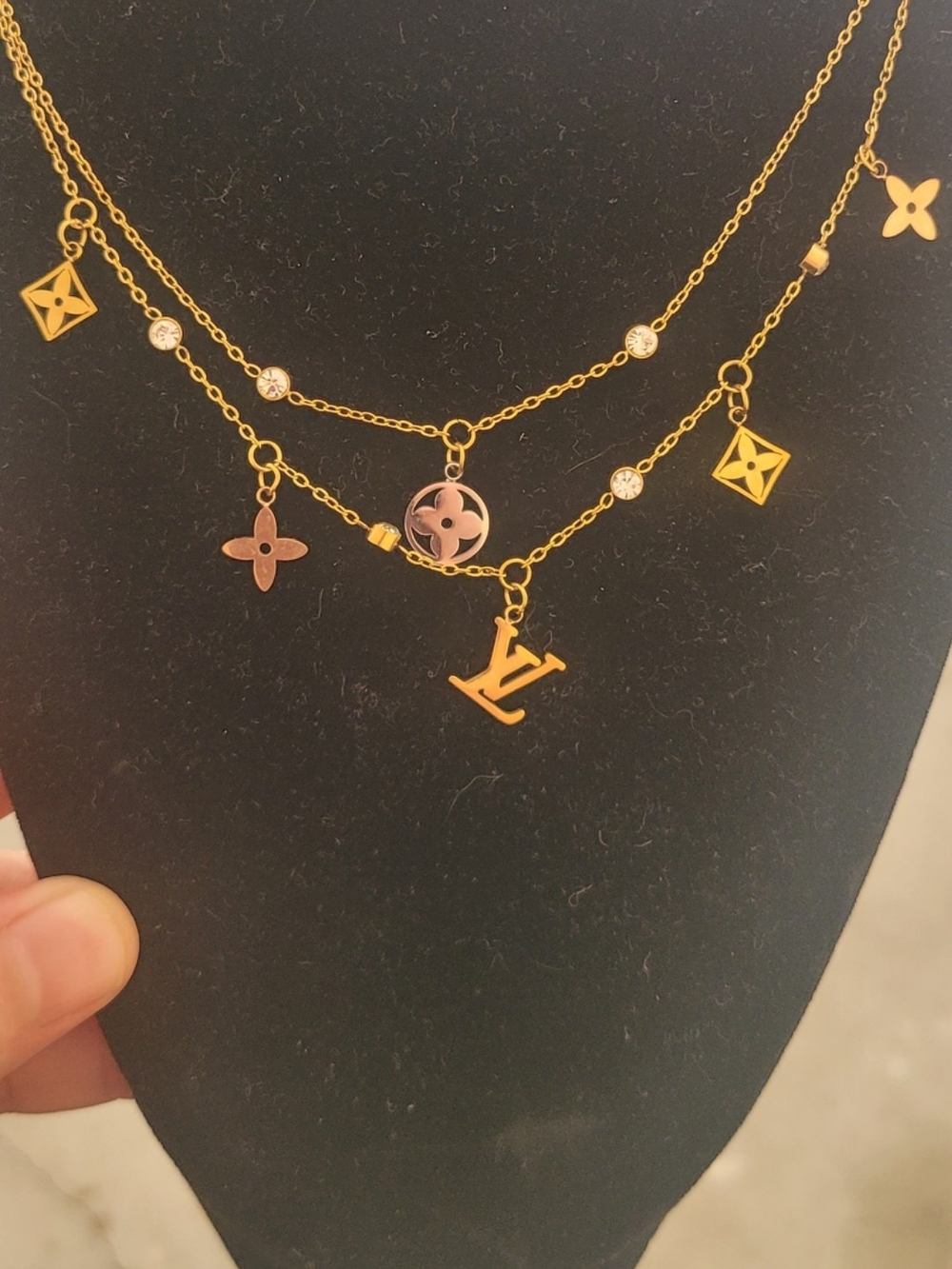 Gold-Tone Layered Charm Necklace And Bracelet with Crystal Accents
